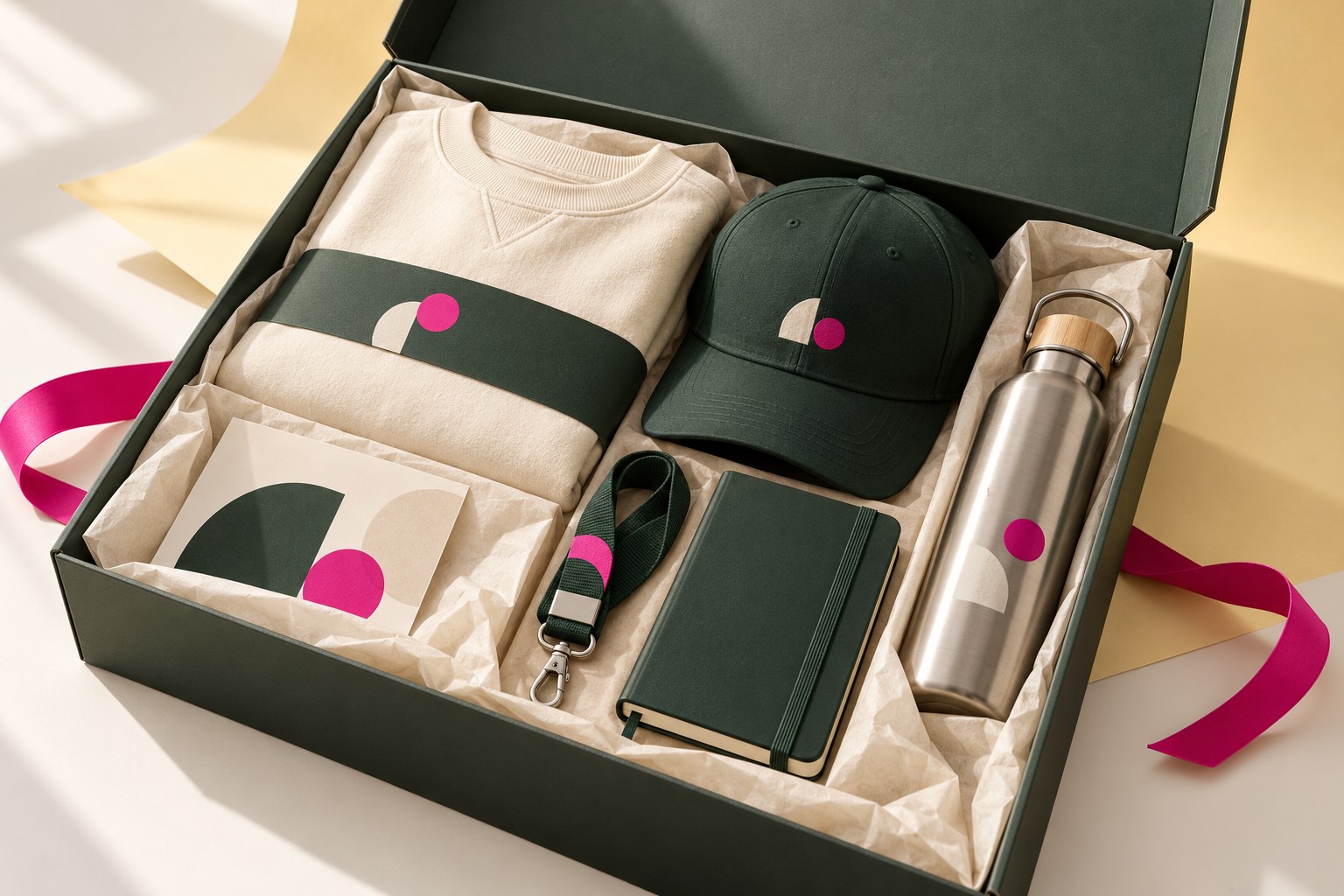 Open employee welcome box with a sweatshirt, cap, bottle, notebook and lanyard